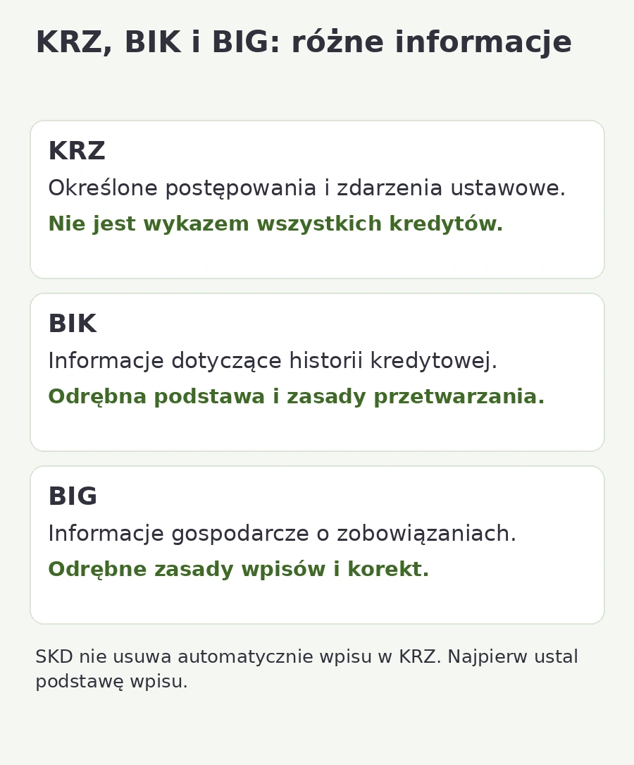 Porównanie KRZ, BIK i BIG: odrębne rodzaje informacji i zasady, bez automatycznego usuwania wpisu przez SKD.